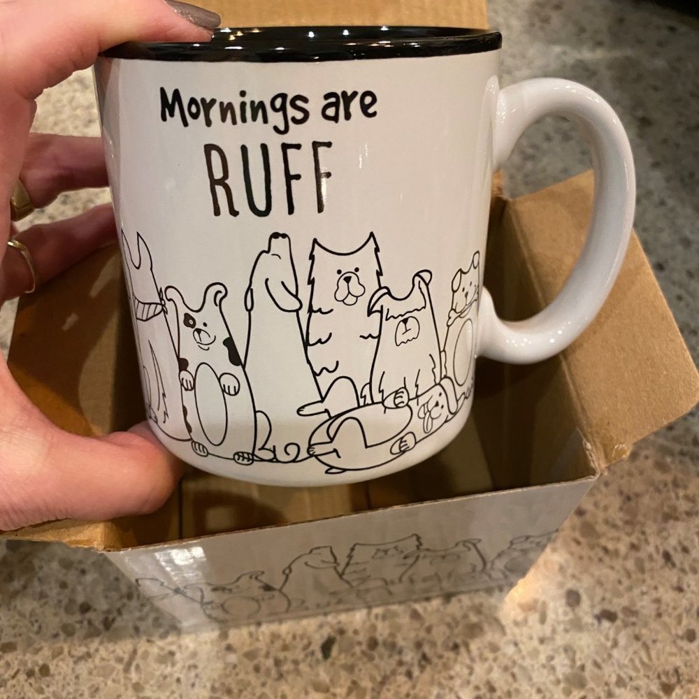 NWT Dog Lover Black White Mornings Ruff ceramic Coffee Mug 13 Oz Burton & Burton